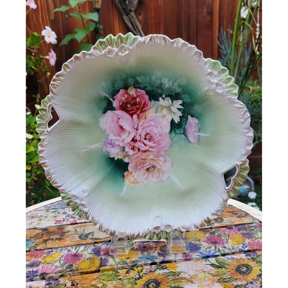 Antique R.S. Prussia Hand-Painted Rose Serving Bowl — Heart Cutouts, Red Star
